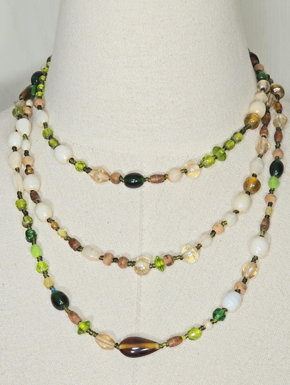 Vintage Warm Earthy Nature-inspired Molded Art Glass Beaded Long Necklace. 60 in